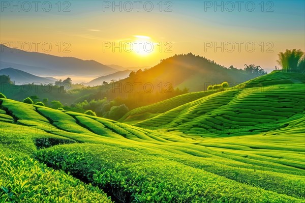 A breathtaking view of the sun rising over vibrant green tea plantations, nestled amidst rolling hills and misty mountains, evoking a sense of serenity, AI generated