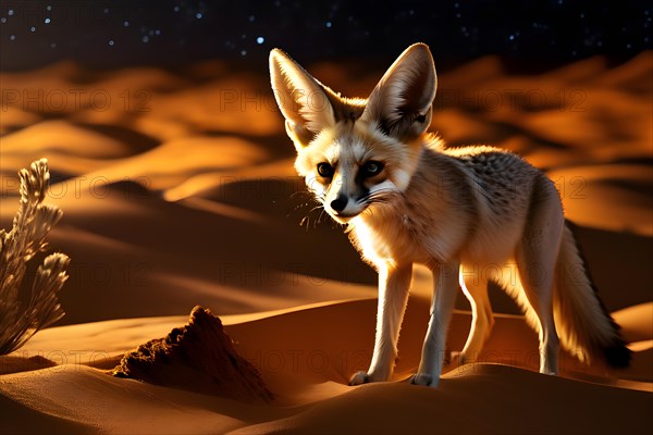 Fennec fox with perked ears traversing the saharan sands under moonlit, AI generated