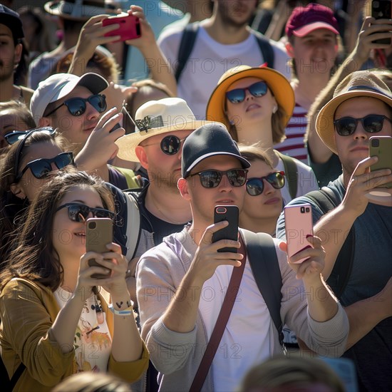 Portrait, Many tourists stand close together and take selfies with their cell phones, photo quality Job ID: 484c91e0-6ed3-41bd-bf48-d03ebb5ee13d, KI generiert, AI generated