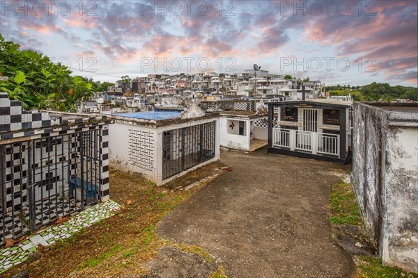 Famous cemetery, many mausoleums or large tombs decorated with tiles, often in black and white. Densely built buildings under a sunset Cimetiere de Morne-a-l'eau, Grand Terre, Guadeloupe, Caribbean, North America