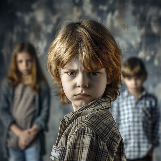 Angry boy with curly hair stands in the foreground, two blurred children in the background, AI generated