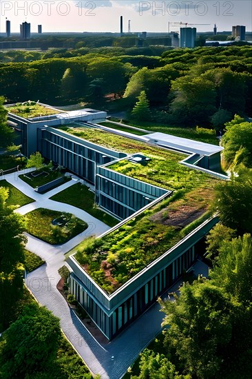 Aerial view of a modern hospitals green roof designed as a therapeutic garden, AI generated, modern, architecture