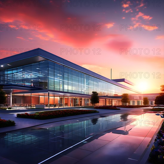 Modern hospital at dawn glass surfaces mirroring early morning sky, AI generated, modern, architecture