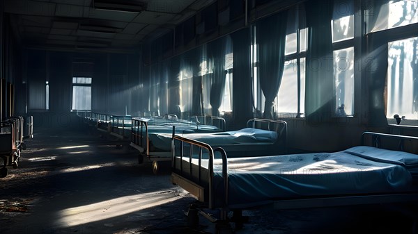 Rows of empty rusting hospital beds suspended in the melancholy, AI generated, hospital, damage, abandoned, ruin, decrepit