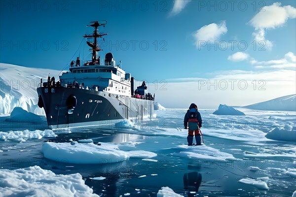 Icebreaker ship carving a path through thick ice of the polar region, AI generated