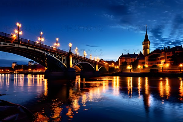 City bridges come alive under the glow of car headlights water underneath reflecting the luminescence, AI generated