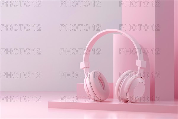 Pink headphones on pink background with copy space. KI generiert, generiert, AI generated