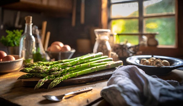 Green asparagus in a rustic farmhouse kitchen, AI generated, AI generated