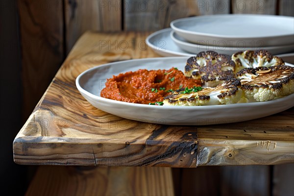 Grilled cauliflower steaks served with tomato sauce on a rustic wooden board, AI generated