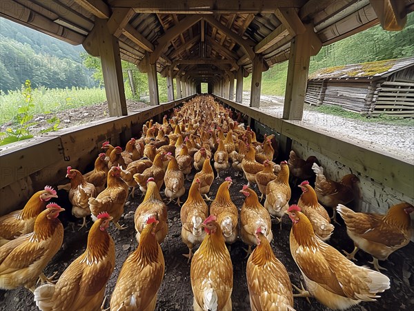 Numerous chickens lined up inside a long wooden covered bridge during daylight, AI generiert, AI generated