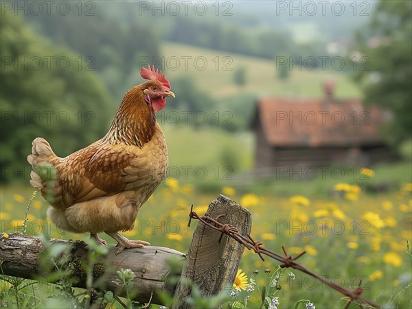 A lone chicken positioned by a barbed wire fence near dandelions with a farmhouse in the distance, AI generiert, AI generated