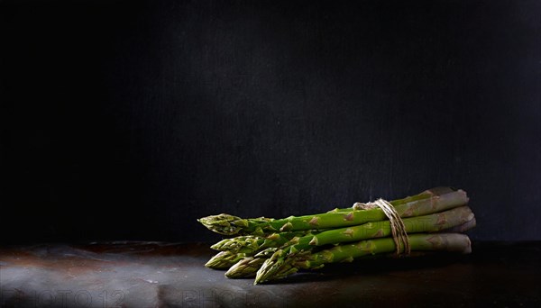 Individual asparagus spears lie on a dark surface with shadows, fresh green asparagus, AI generated, AI generated