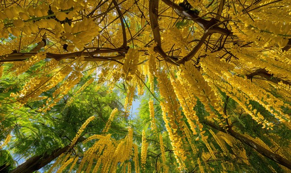 Laburnum blossoms forming a canopy of golden flowers AI generated