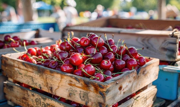 Ripe cherries displayed in a vintage fruit crate at a country fair AI generated