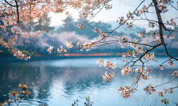 The lake in full bloom during the springtime, cherry tries blossoms near the lake in clear sunny day AI generated