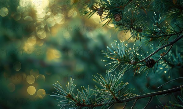 Closeup view on cedar branch in rain drops, bokeh background AI generated