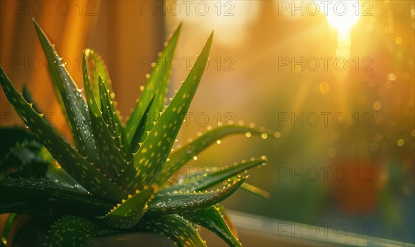 A close-up of a vibrant green aloe vera plant basking in the sunlight on a windowsill AI generated