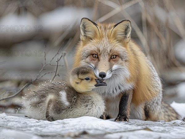 A fox lies in the snow and protects a duckling that cuddles up to him, AI generated, AI generated, AI generated