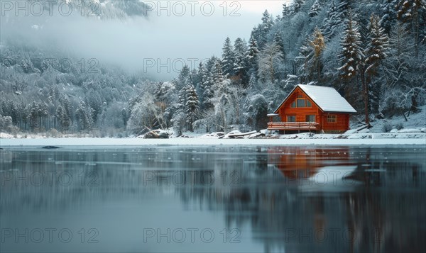 A cozy cabin nestled by the shore of a frozen lake AI generated