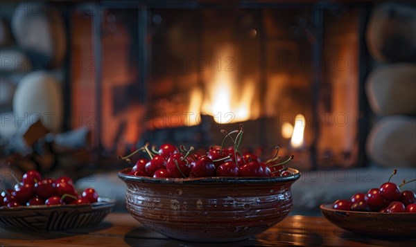 A cozy fireplace adorned with bowls of ripe cherries AI generated