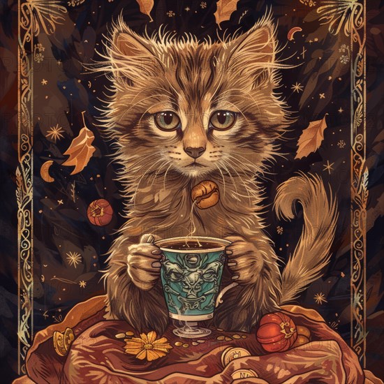 A cute kitten is holding a cup of coffee in its paws. The image has a warm and cozy feeling, as if the kitten is enjoying a relaxing moment with a hot beverage AI generated