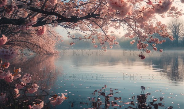 A spring lake surrounded by blooming cherry blossoms AI generated