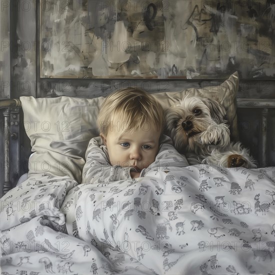 A child lies relaxed in bed next to a small dog, both look into the camera, AI generates, AI generated