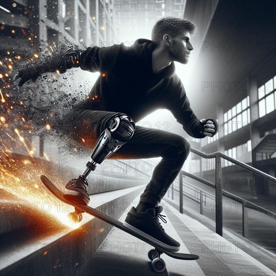 A skateboarder with a bionic leg jumping near a handrail in the city, with sparks flying, AI generated