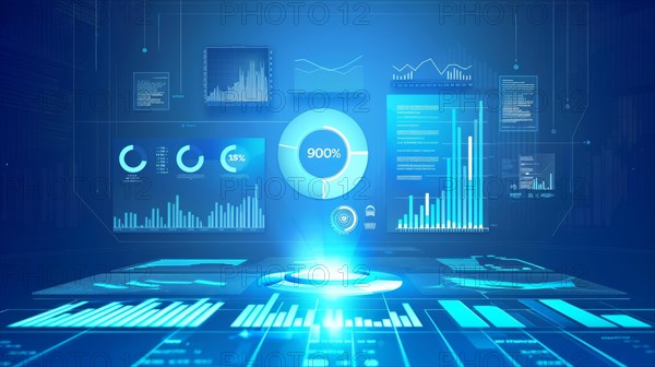 Glowing futuristic interface for data analysis with blue holographic projection of graphs and percentages, ai generated, AI generated