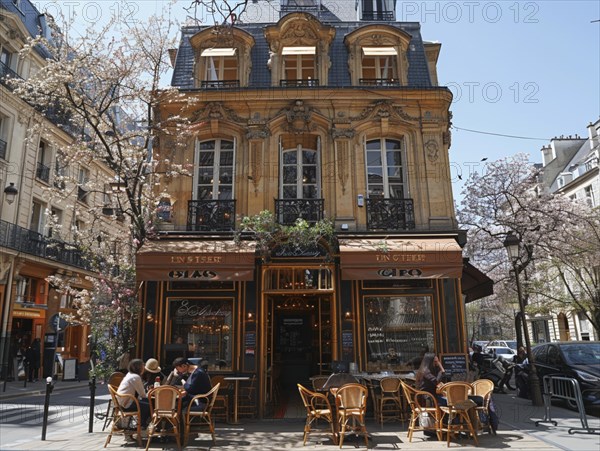 Gaeste entspannen sich auf der Aussenterrasse eines Cafes an einem sonnigen Tag, Lifestyle in Paris, Frankreich, AI generiert, AI generated