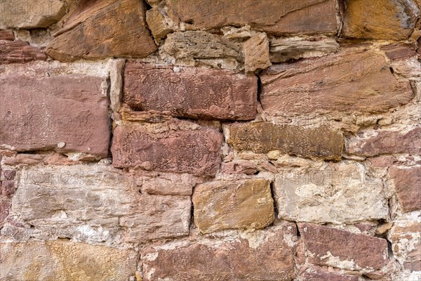 Wall made of sandstone, natural stone, quarry stone and mortar, background picture, old town, Ortenberg, Vogelsberg, Wetterau, Hesse, Germany, Europe