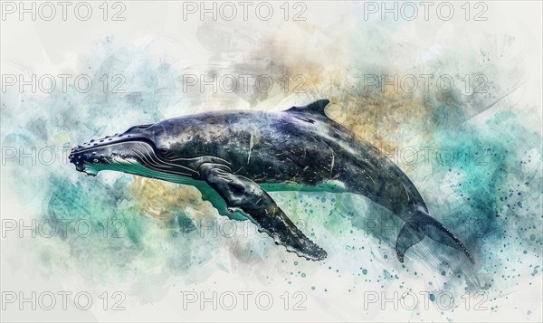 Watercolor illustration of a humpback whale in the ocean AI generated