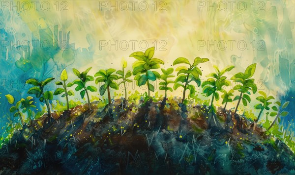 Vibrant watercolor painting of Earth with tree saplings growing on top AI generated