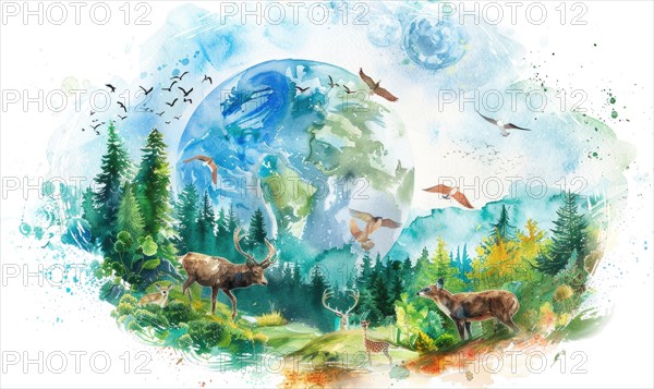 Watercolor illustration of Earth with wildlife and forests AI generated