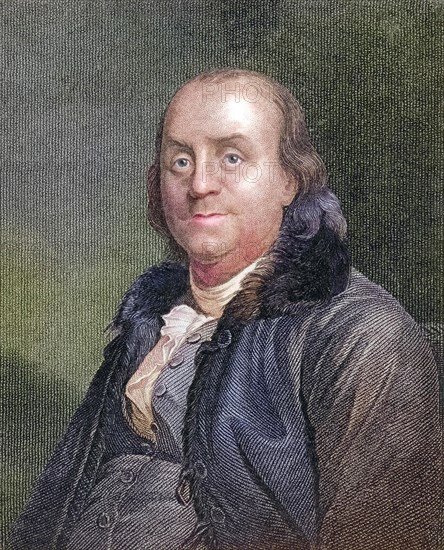 Benjamin Franklin, 1706 to 1790 American writer, politician, printer, scientist, philosopher, publisher, inventor, civil rights activist and diplomat, Historical, digitally restored reproduction from a 19th century original, Record date not stated