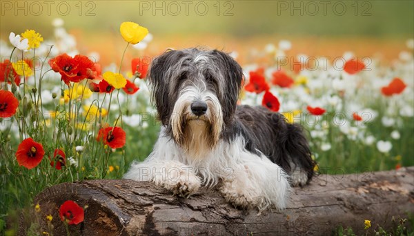 Ai generated, animal, animals, mammal, mammals, a, single animal, bobtail, (Canis lupus familiaris), dog, dogs, bitch, dog breed from England, a single animal, lies on a tree trunk, portrait, freontal