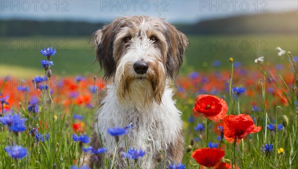 Ai generated, animal, animals, mammal, mammals, a, single animal, bobtail, (Canis lupus familiaris), dog, dogs, bitch, dog breed from England, a single animal, flower meadow