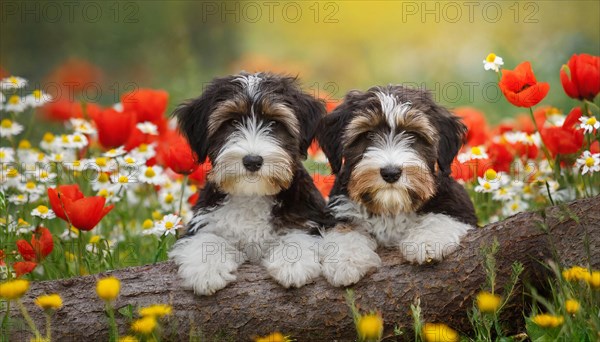 KI generated, animal, animals, mammal, mammals, bobtail, (Canis lupus familiaris), dog, dogs, bitch, dog breed from England, two puppies lying in a flower meadow