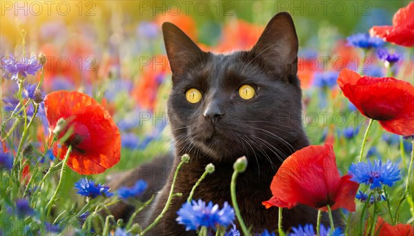 KI generated, animal, animals, mammal, mammals, cat, felidae (Felis catus), lying in a meadow with flowers, cornflowers, poppies