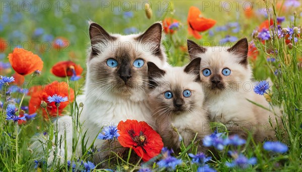 KI generated, animal, animals, mammal, mammals, cat, felidae (Felis catus), a cat and two kittens lying in a meadow, poppies and cornflowers