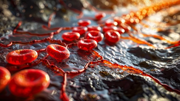 Vibrant red blood cells on a textured surface with red to orange gradient, ai generated, AI generated