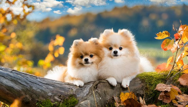 KI generated, animal, animals, mammal, mammals, one, single animal, dwarf spitz, Spitz, (Canis lupus familiaris), dog, dogs, bitch, Pomeranians, two cream-coloured puppies lying on a tree trunk, autumn, autumn leaves