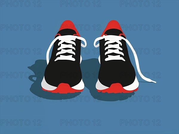 Illustration of red and black sneakers with untied laces on a blue background, illustration, AI generated