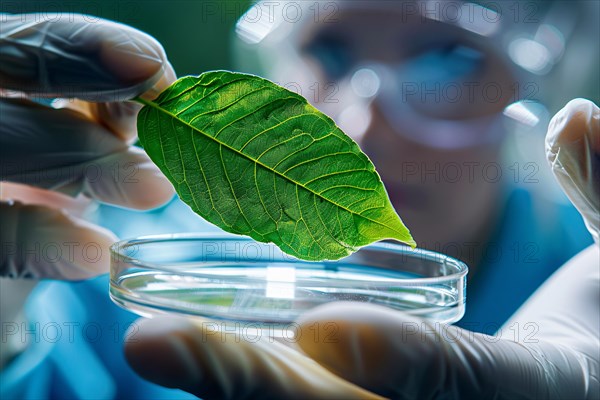 Plant leaf in petri dish held by research scientist in lab. Concept for biotechnology and genetic modification. KI generiert, generiert, AI generated
