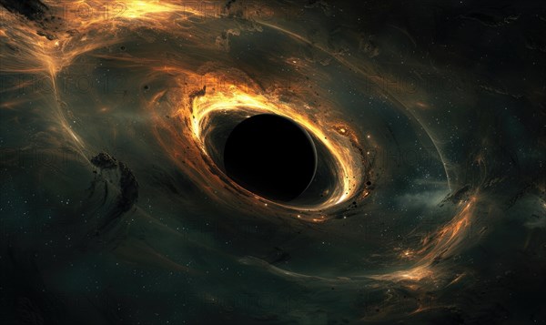 Mysterious fiery orange hues swirl into the cosmic vortex of a black hole in this artwork AI generated