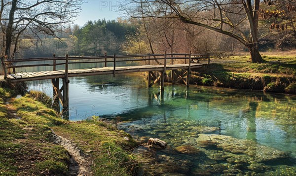 A rustic wooden bridge spanning over a crystal-clear spring river AI generated