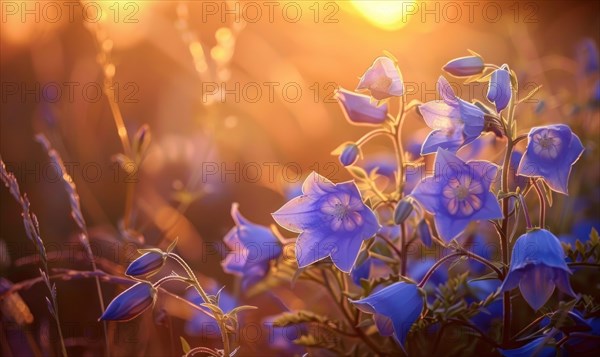 Bellflowers blooming in a cottage garden, closeup view, soft focus AI generated