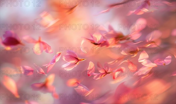 Cherry blossom petals in the breeze, floral background, soft focus, blurred background AI generated