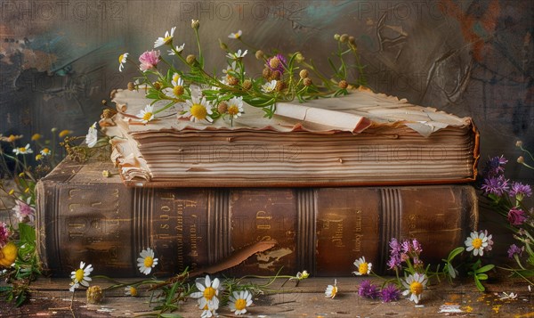 Vintage book surrounded by wildflowers AI generated