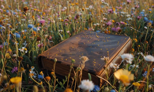 Old book lying on a grassy knoll surrounded by wildflowers AI generated